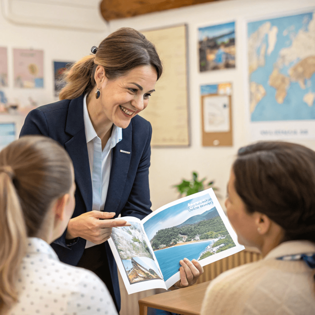 agent de voyage en train de vendre des produits touristiques