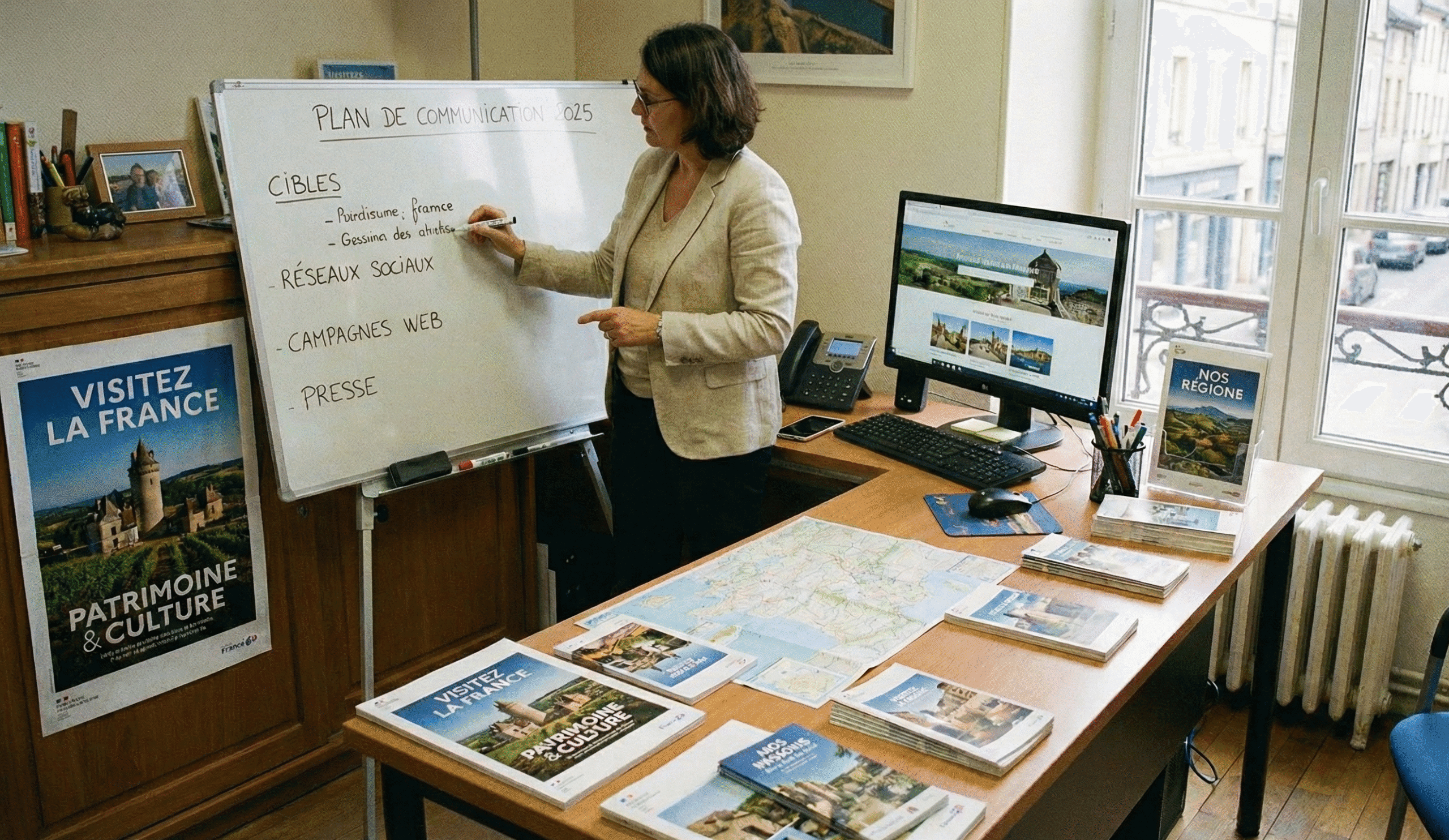 Chargée de communication touristique en office de tourisme en train de réaliser un plan de communication